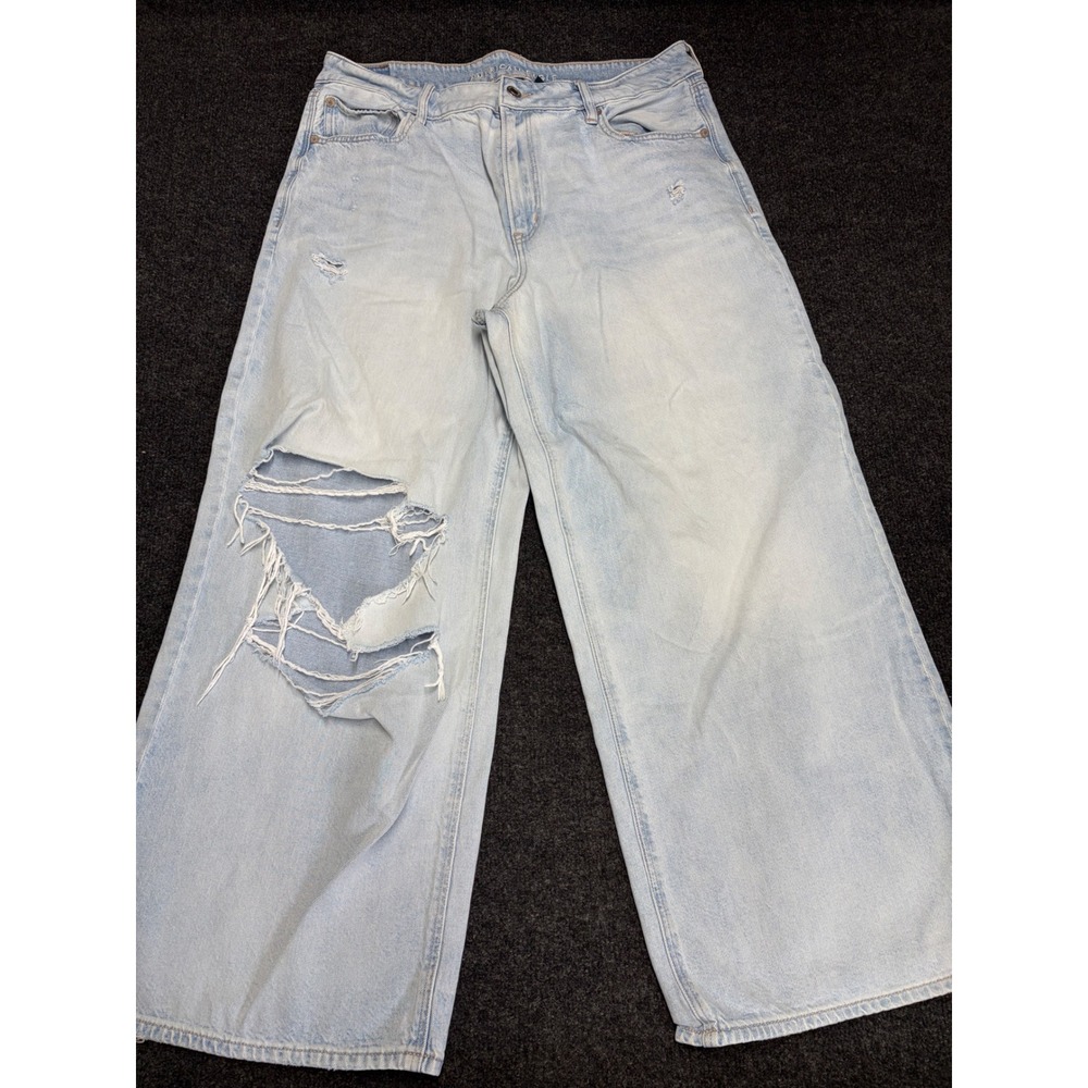 American Eagle Super High Rise Baggy Wide Leg Ankle Distressed Jeans 14